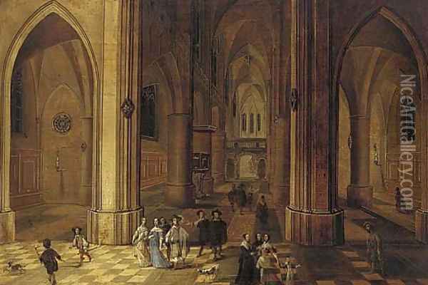 The interior of a gothic church by night with elegant company and torchbearers in the foreground Oil Painting - Peeter, the Younger Neeffs