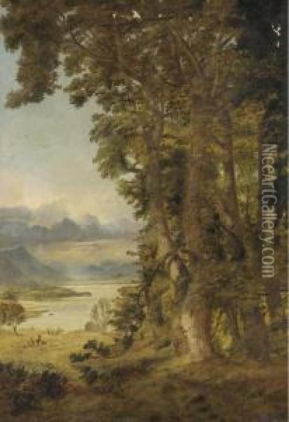 A Distant View Of Bassenthwaite Lake, Cumberland, At The Edge Ofthe Forest Oil Painting - Andrew MacCallum