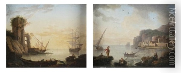 Pair Of Marine With Figures Oil Painting - Charles Francois Lacroix