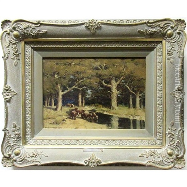 Cattle Watering By Forest Stream Oil Painting - Homer Ransford Watson