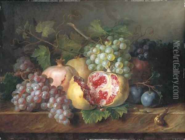 Pomegranates, grapes and plums with a snail and a caterpillar on a marble ledge Oil Painting - Cornelis van Spaendonck