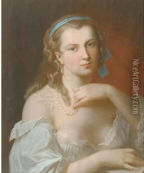 A young beauty wearing a pearl necklace Oil Painting - Akos Von Aranyossy