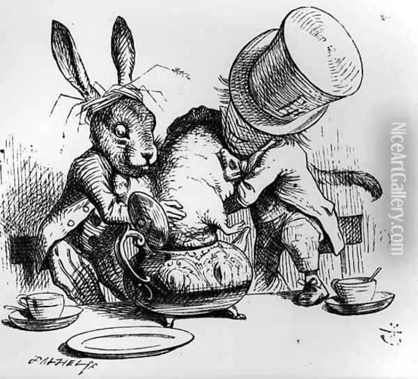 The Mad Hatter and the March Hare putting the Dormouse in the Teapot, illustration from Alices Adventures in Wonderland, by Lewis Carroll, 1865 Oil Painting - John Tenniel