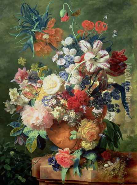 Still Life of Flowers and a Birds Nest on a Pedestal Oil Painting - Jan Van Huysum