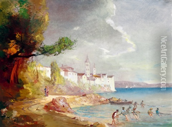 Fishermen On The Adriatic Oil Painting - Gyula Hary