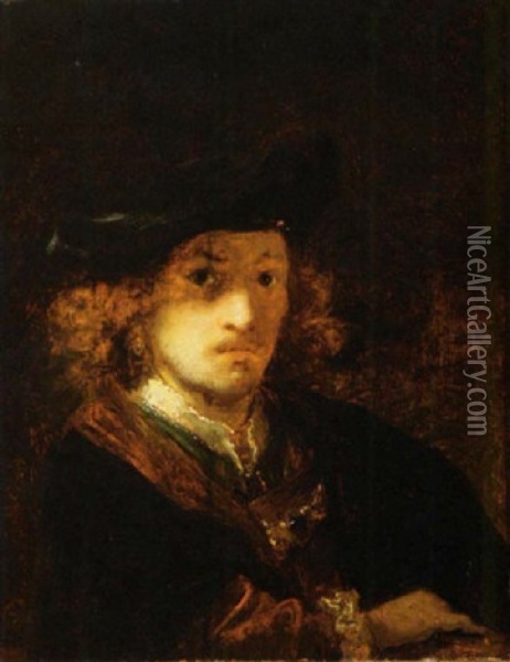 A Portrait Of A Man Wearing A Fur Trimmed Black Coat And A Black Beret Oil Painting -  Rembrandt van Rijn