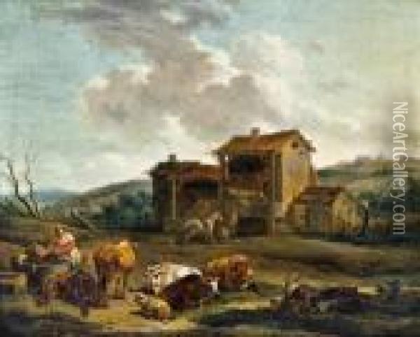 Landschaft Mit Brunnen Oil Painting - Nicolaes Berchem