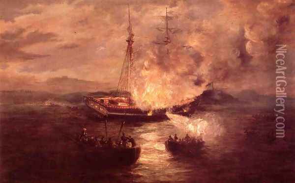 The Burning of the Gaspee Oil Painting - Charles DeWolf Brownell