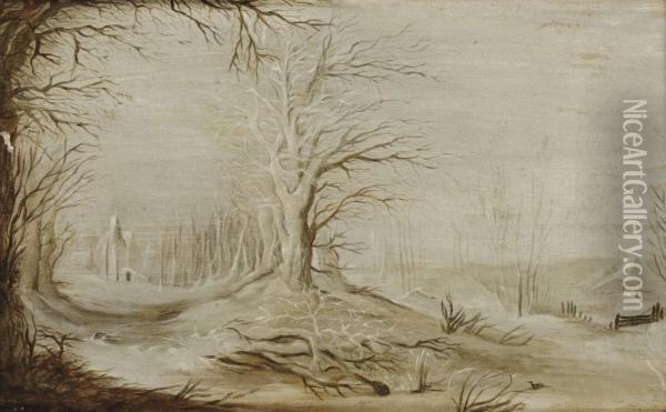 A Winter Landscape With A Village In The Snow Oil Painting - Joos De Momper