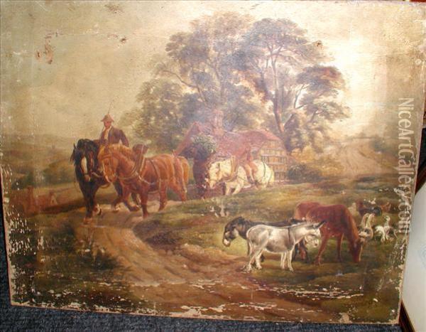 Horses On A Rural Track, Unframed Oil Painting - Walter Harrowing
