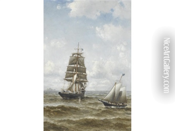 A Merchant Brig Hove To, Awaiting Pilot Boat No. 10 Oil Painting - William Alexander Coulter