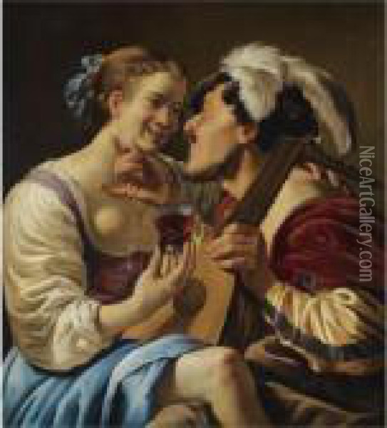 A Luteplayer Carousing With A Young Woman Holding A Roemer Oil Painting - Hendrick Terbrugghen