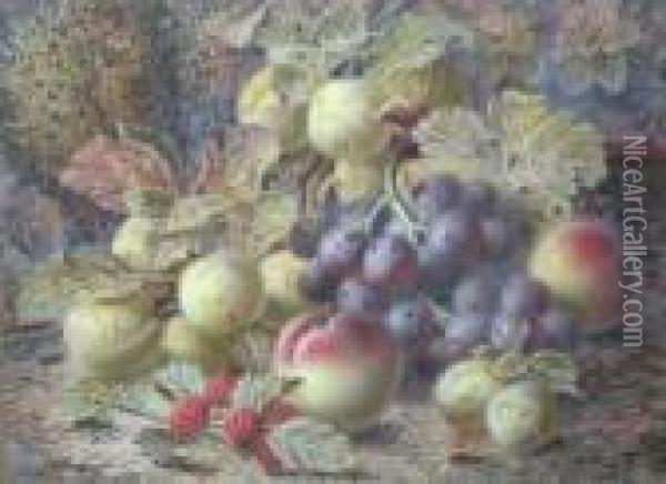 A Still Life Composition Of Grapes, Plums And Raspberries Oil Painting - Oliver Clare