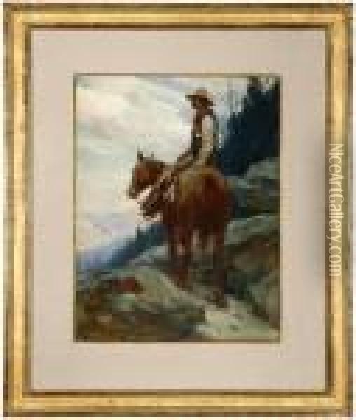 Cowboy On Horseback On A Mountain Trail Oil Painting - Frank Tenney Johnson