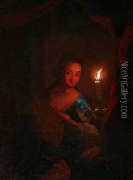 Woman Reading A Letter By Candlelight Oil Painting - Godfried Schalcken