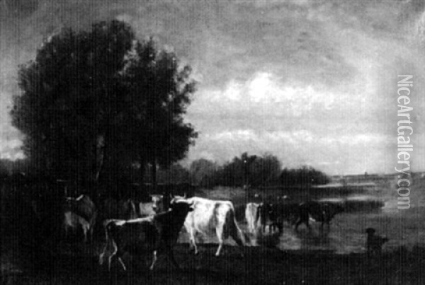 Cattle Grazing By A Marsh Oil Painting - Emile van Marcke de Lummen