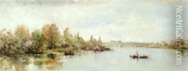 A View Of The Seine With Figures In Rowboats And A Bridge Oil Painting - Paul Emmanuel Peraire