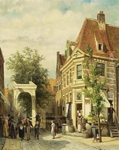 A Busy Street In Weesp Oil Painting - Cornelis Springer