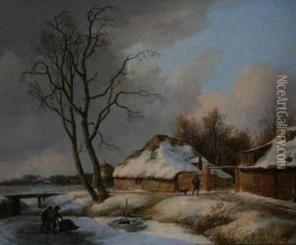 Winterlandschap Bij Boerderij Met Personages En Wak In Het Ijs Oil Painting - Pierre Francois de Noter