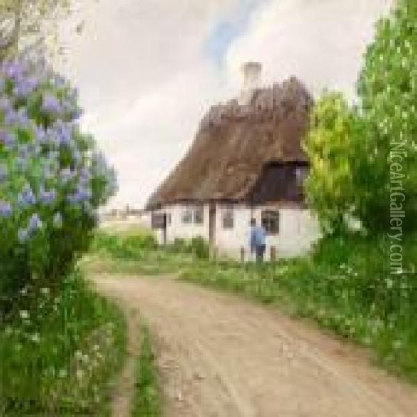 Small City Life Withbluming Threes Oil Painting - Hans Anderson Brendekilde