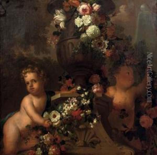 Putti Playing With Garlands Of Flowers By A Classical Urn In A Park Landscape Oil Painting - Elias Van Nijmegen