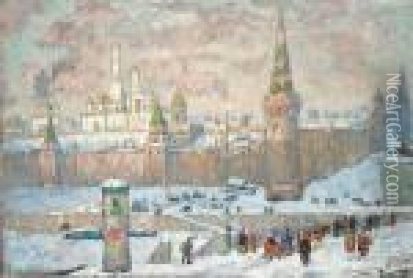 Winter View Of The Kremlin, Moscow Oil Painting - Konstantin Ivanovich Gorbatov