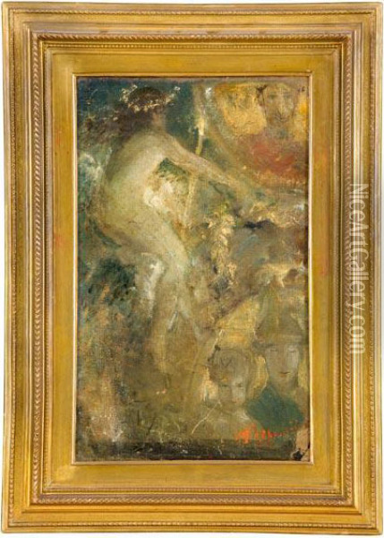 Nudo Femminile Con Cero E Figure Sacre In Tondo Oil Painting - Antonio Mancini