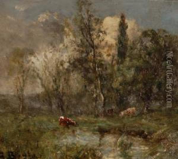 Cattle On A Riverbank Oil Painting - George Boyle