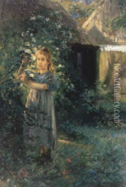 Blomsterplockande Flicka Oil Painting - Johan Severin Nilsson
