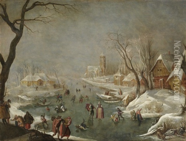A Winter Landscape With Numerous Figures Skating On A Frozen River In The Midst Of A Village Oil Painting - Gillis Mostaert the Elder