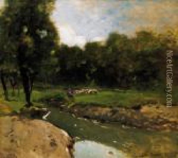 Sheep By The Brook Oil Painting - Bela Von Spanyi