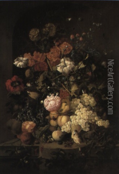 Flowers And Fruit With Butterflies And Birds In A Niche Oil Painting - Rachel Ruysch