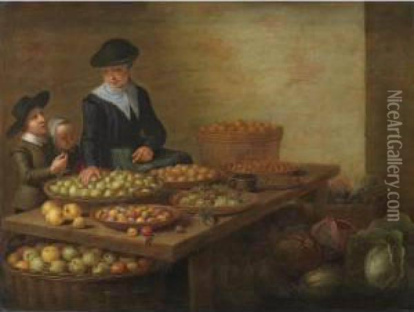 A Fruit And Vegetable Seller At 
Her Stall With Her Children, With Apples, Pears, Grapes, Blackberries, 
Cabbages, Carrots And Artichokes Oil Painting - Floris Gerritsz. van Schooten