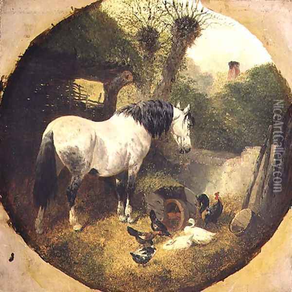 A Carthorse eating hay from a wheel-barrow in a farmyard Oil Painting - John Frederick Herring Snr
