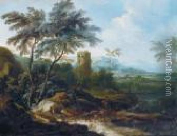 Ampio Paesaggio Boschivo Con Una Torre E Viaggiatori Oil Painting - Maximilian Joseph Schinnagl