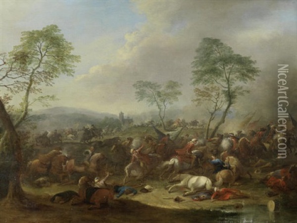 A Cavalry Skirmish In An Italianate Landscape Oil Painting - Karel Breydel