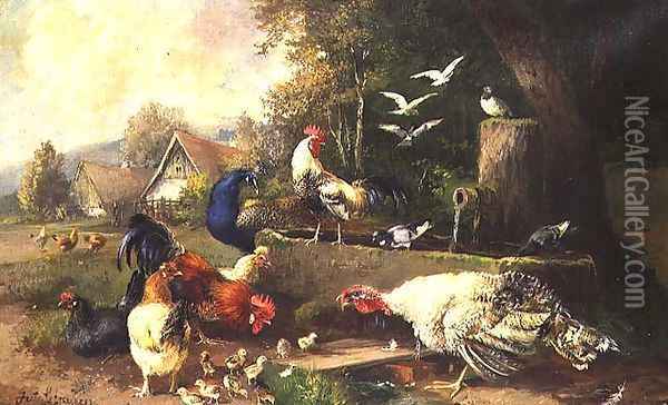 Poultry by a Pump Oil Painting - Julius Scheuerrer