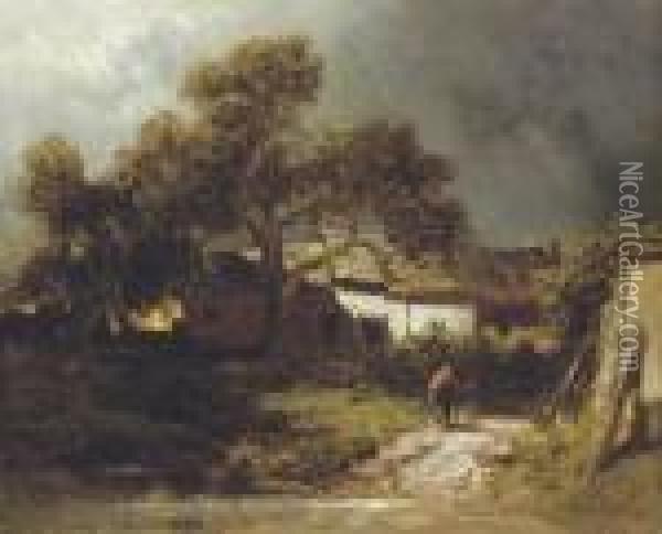 Alte Bauernhauser: Rural Landscape Oil Painting - Carl Spitzweg