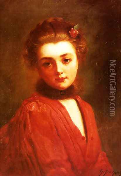 Portrait of a Girl in a Red Dress Oil Painting - Gustave Jean Jacquet