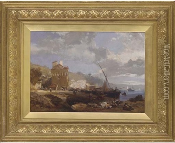 Figures On The Bank Of An Italianate Lake Oil Painting - James Duffield Harding
