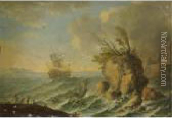 A Seascape With Shipping Off A Rocky Coastline Oil Painting - Orazio Grevenbroeck