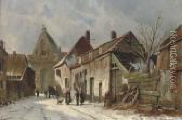 A Dutch Street In Winter Oil Painting - Adrianus Eversen