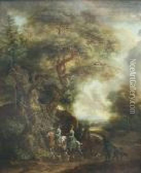 Jagdgesellschaft Zu Pferde Und Hundefuhrer An Einer Wegbiegung Oil Painting - Johann Elias Ridinger or Riedinger