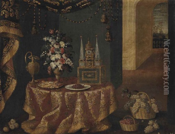 Narcissi, Roses, Lilies, Peonies And Other Flowers In A Sculpted Urn, A Beaker, An Elaborate Clock, Sweatmeats And Cherries On Plates On A Draped Table, With Grapes In Wicker Baskets In An Interior Oil Painting - Antonio Gianlisi
