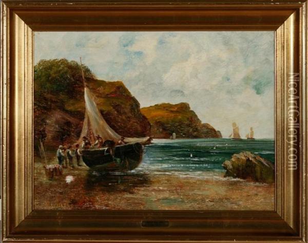 Coastal Scenery With A Fishingboat On The Beach Oil Painting - Edwin Edwards