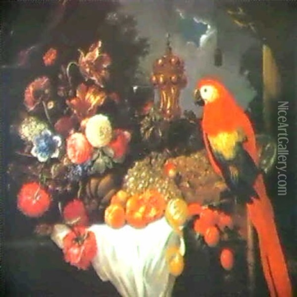 Still Life Of Fruit, Flowers And Macaw Oil Painting - Pieter Boel