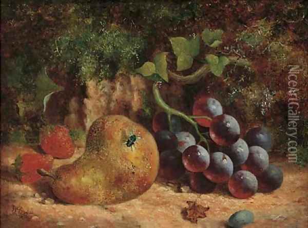 A pear, strawberries and grapes on a mossy bank Oil Painting - William Hughes