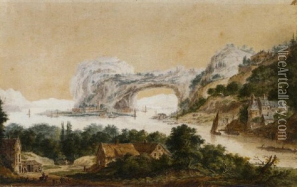 An Estuary With A Rocky Arch In The Background Oil Painting - Abraham Rademaker