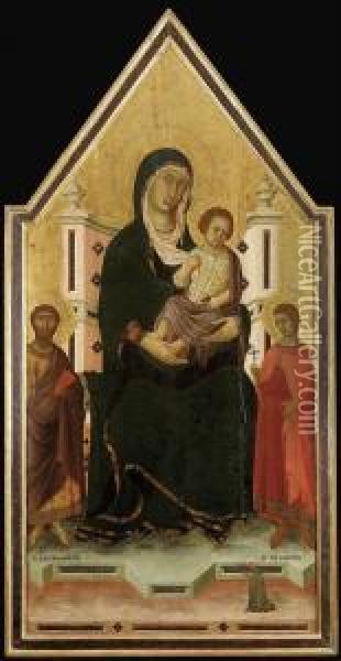 The Madonna And Child Enthroned With Saints Bartholomew And Ansanusand A Donor Oil Painting - Niccolo Di Segna
