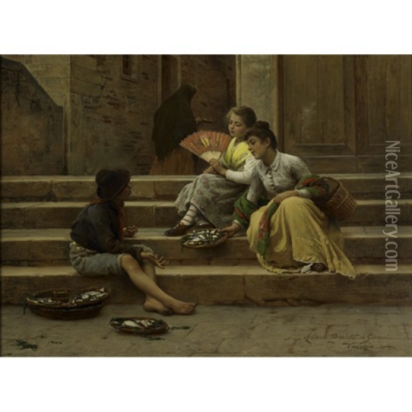 The Fish Sellers, Venezia Oil Painting - Antonio Ermolao Paoletti